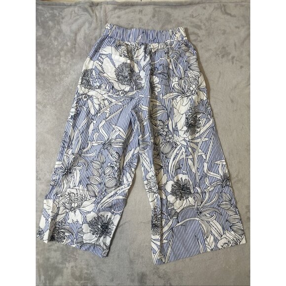 Zara Women’s Small Wide Leg Pants Blue White Stripe Floral Print Cropped - Picture 6 of 8